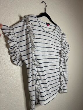 Vince Camuto White Top with Navy Stripes and Ruffle Sleeves